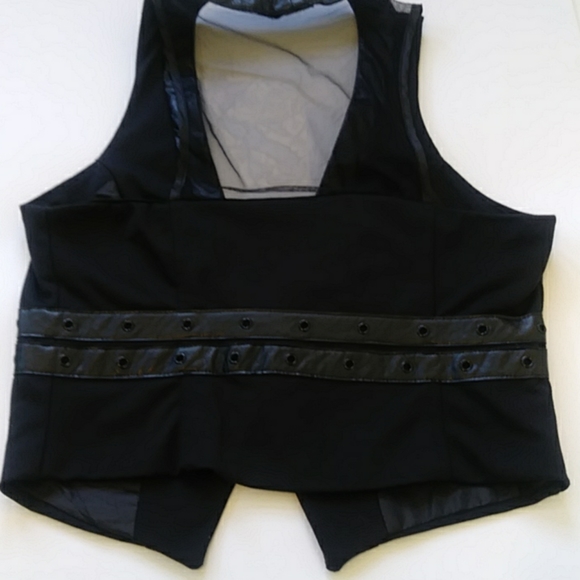 Vintage Black Vest Faux Leather Trim Sheer Back - Picture 5 of 7
